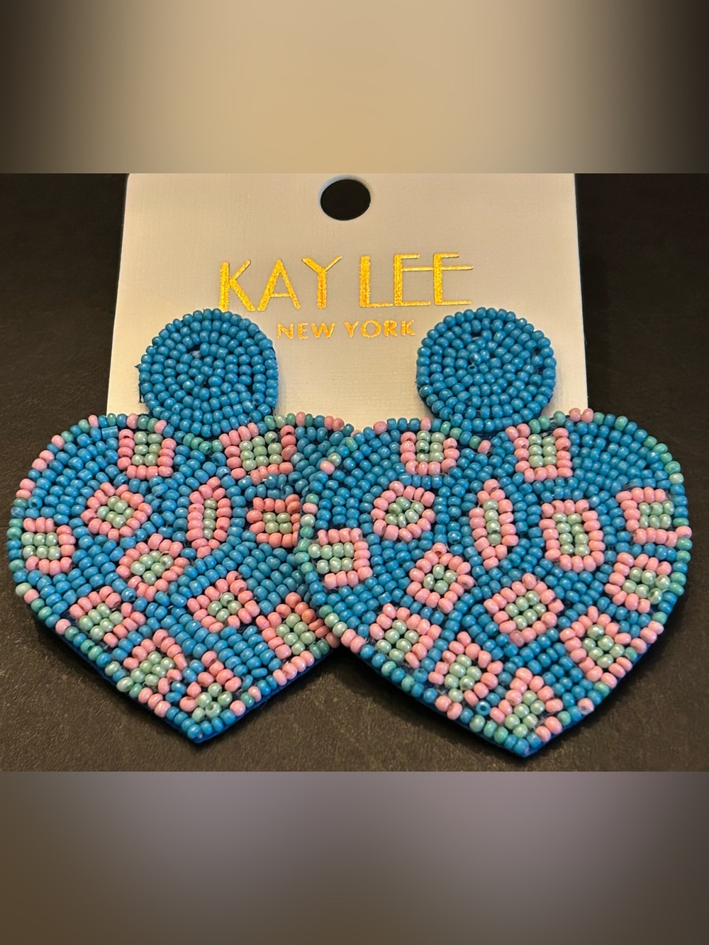 Kay Lee Hand Beaded Blue Multi-Color Boho Design Heart 💙 Statement Drop Earrings